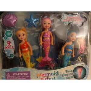 3 Mermaid Sisters Glow In The Dark Tails-3 Sea Animal Mini Brushes(New)
